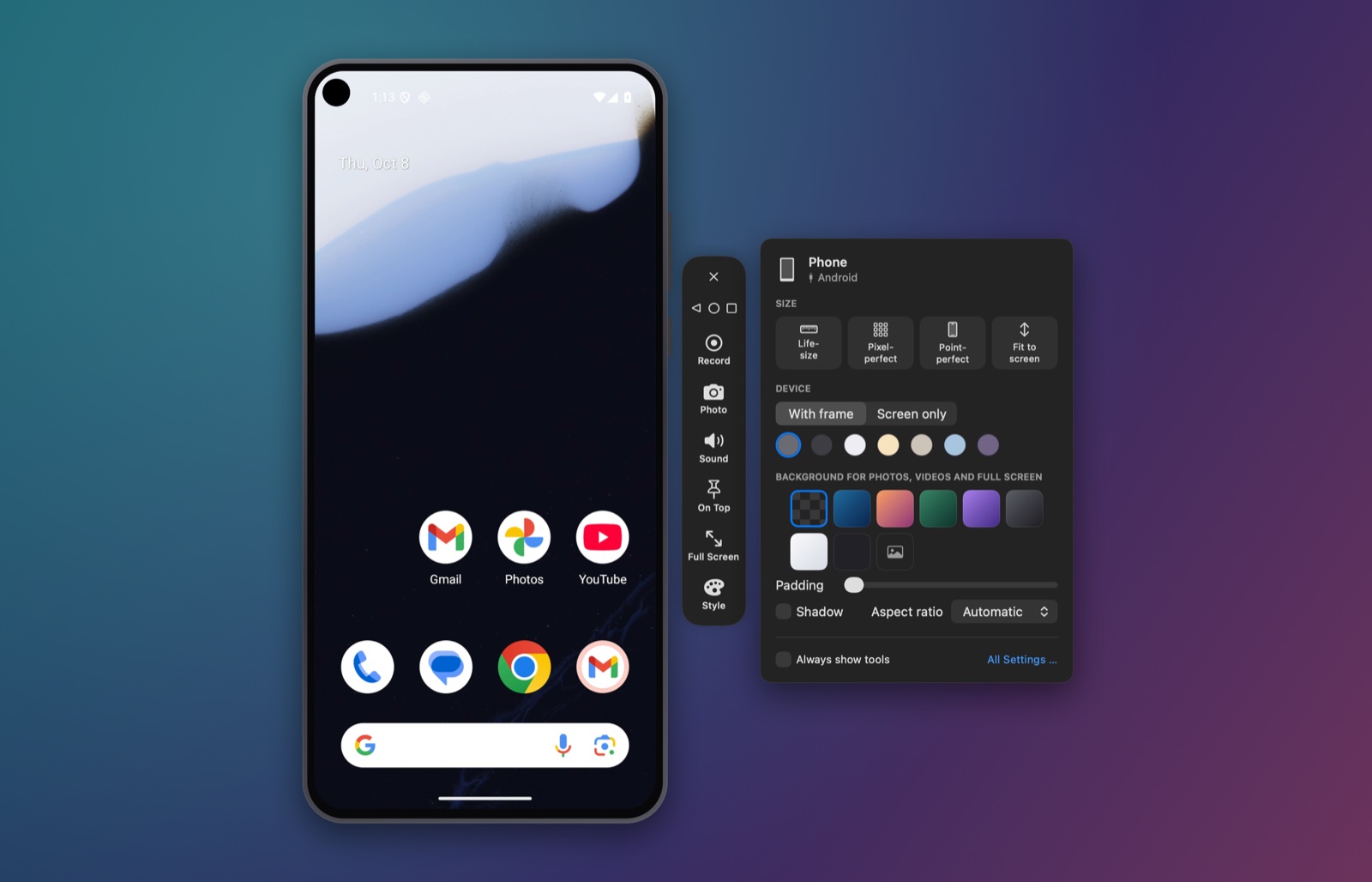 MirrorAct mirroring an Android phone, with Back, Home and Recent Apps in the tool rail