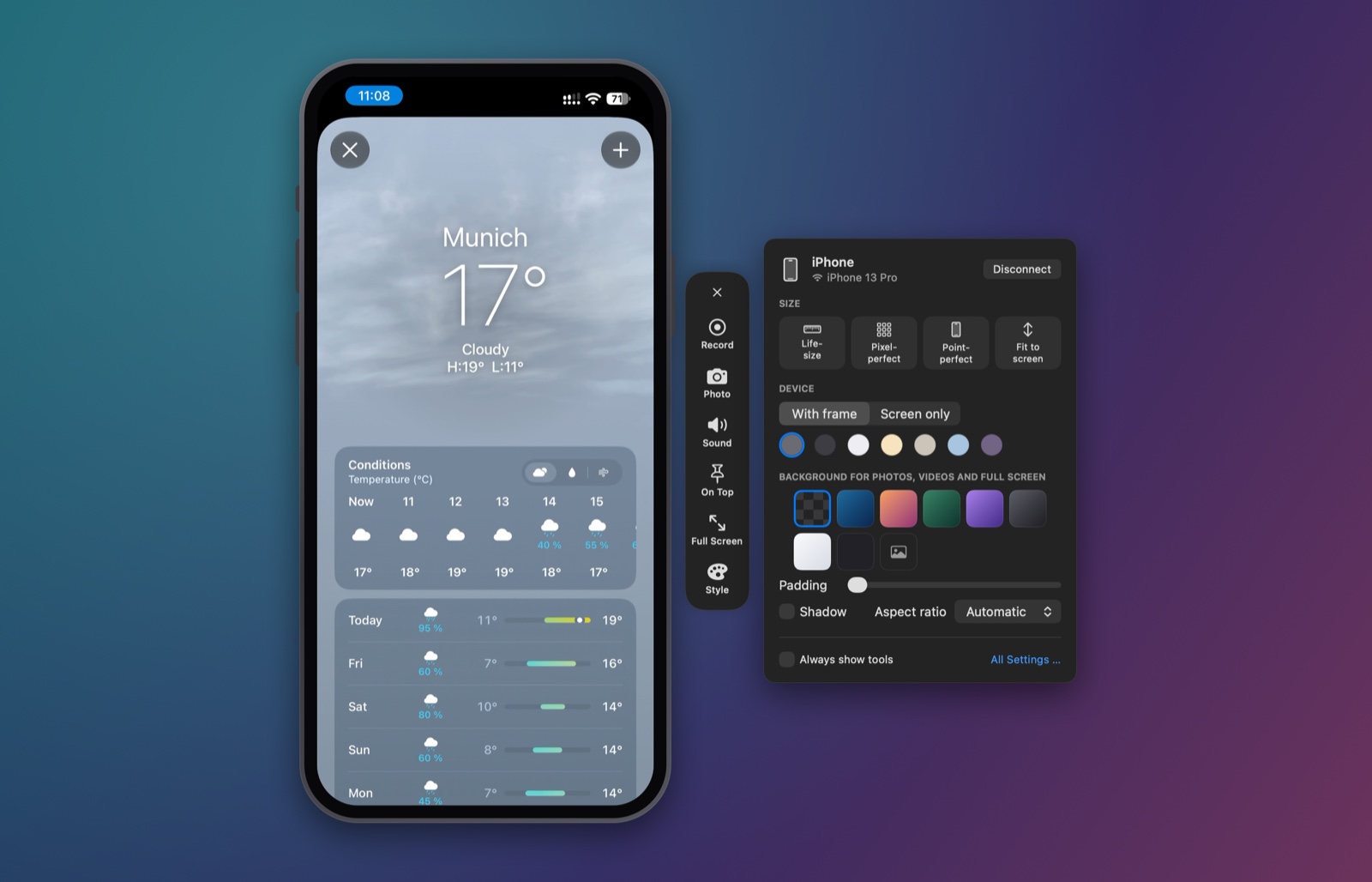 MirrorAct mirroring an iPhone, with the tool rail and the style panel