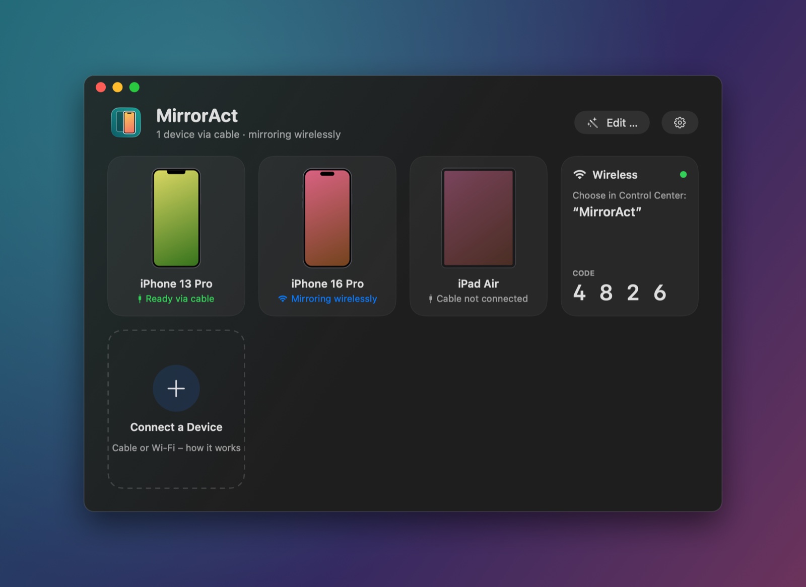 Start window with device cards, wireless code and connect guide
